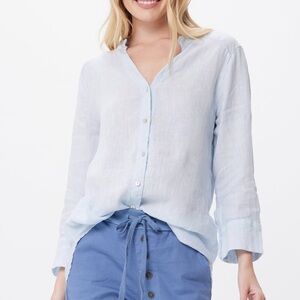 Suzy D Madison Linen V Neck Shirt Blouse Button Up Beach Career Casual Natural
